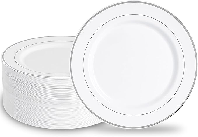 N9R 100PCS Silver Plastic Plates, 10.25 inch White Disposable Dinner Plate by N9RTABLEWARE