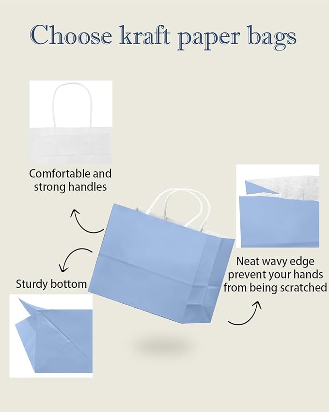 qiqee 50-Packs Light Blue Paper Gift Bags - Image 5