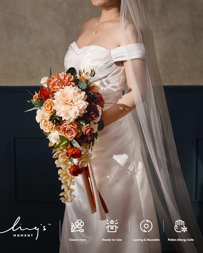 Ling's moment Terracotta Bridal Bouquet Cascading, 13 Inch Bride Bouquets - Image 2