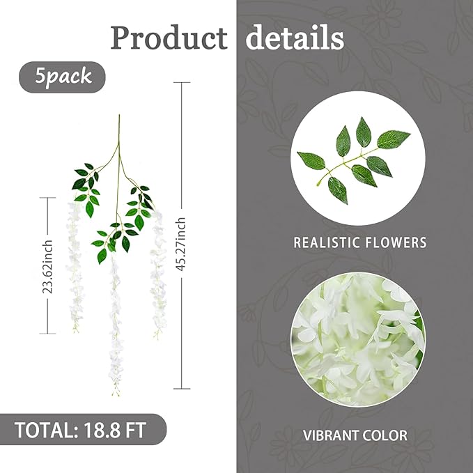 5 Pack White Wisteria Hanging Flowers Garland, 3.77 Feet Artificial Flower Vines - Image 3