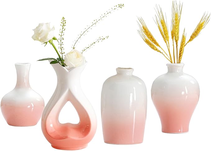 Small Ceramic Vases Decorative 4pcs Pink-White Modern Farmhouse Vase Pottery by Esmiome