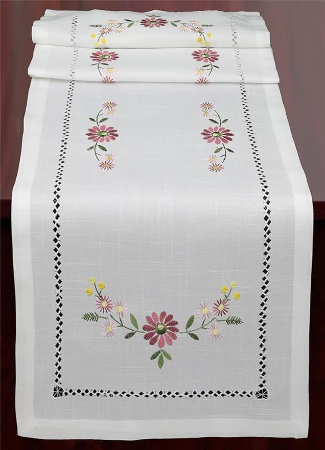 Creative Linens Hemstitch Embroidered Daisy Flower Table Runner 15x52 Dresser by Creative+Linens