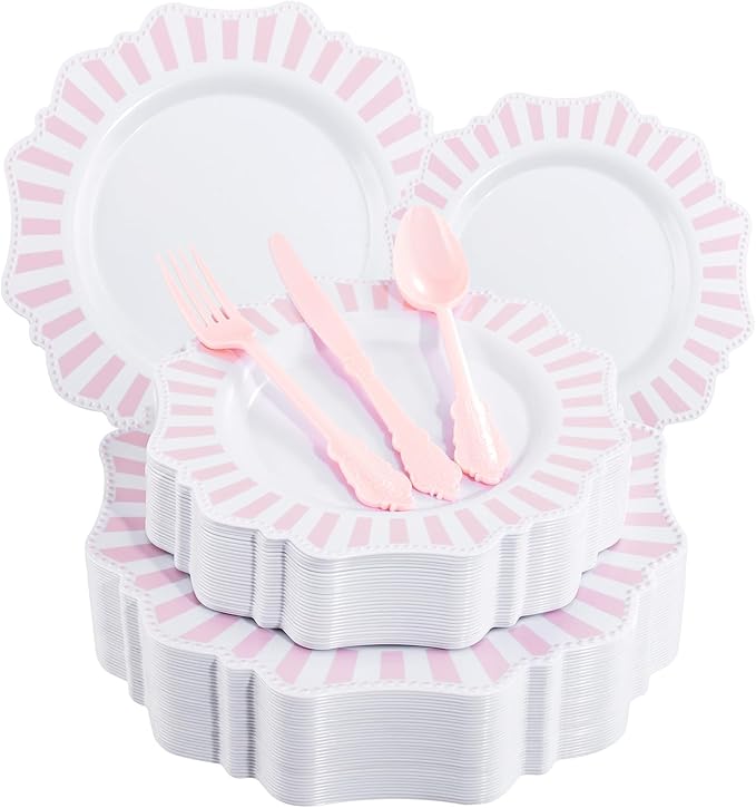 COLOSUS 150pcs Disposable Pink and White Stripped Plastic Plates and Silverware by COLOSUS
