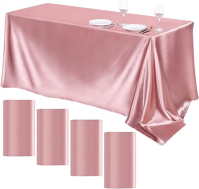 TURSTIN 4 Packs Rose Gold Satin Tablecloth 102 x 58 Inch Overlay Satin Table by TURSTIN