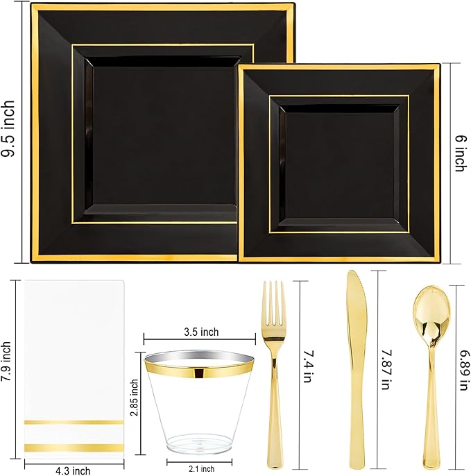 Festiva 350Pcs Black and Gold Plastic Plates-50Guests Disposable Square Black - Image 2