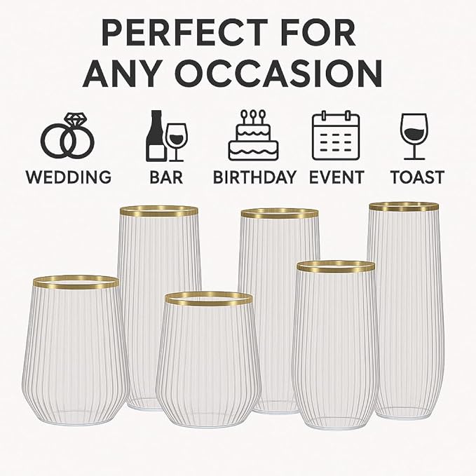 48 Pack Ribbed Origami Ripple Plastic Glasses, 24 9 Ounce Stemless Champagne - Image 3