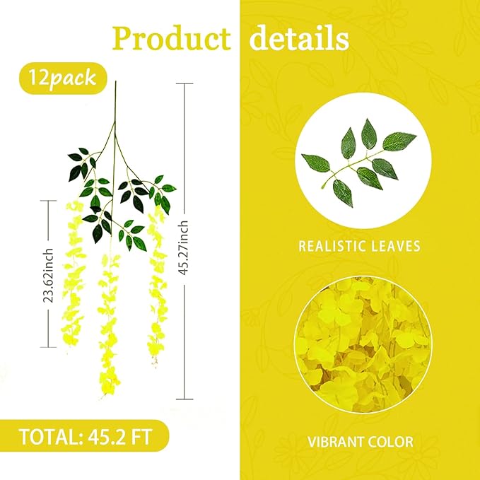 12 Pack Yellow Wisteria Hanging Flowers Garland, 3.77 Feet Artificial Flower - Image 3