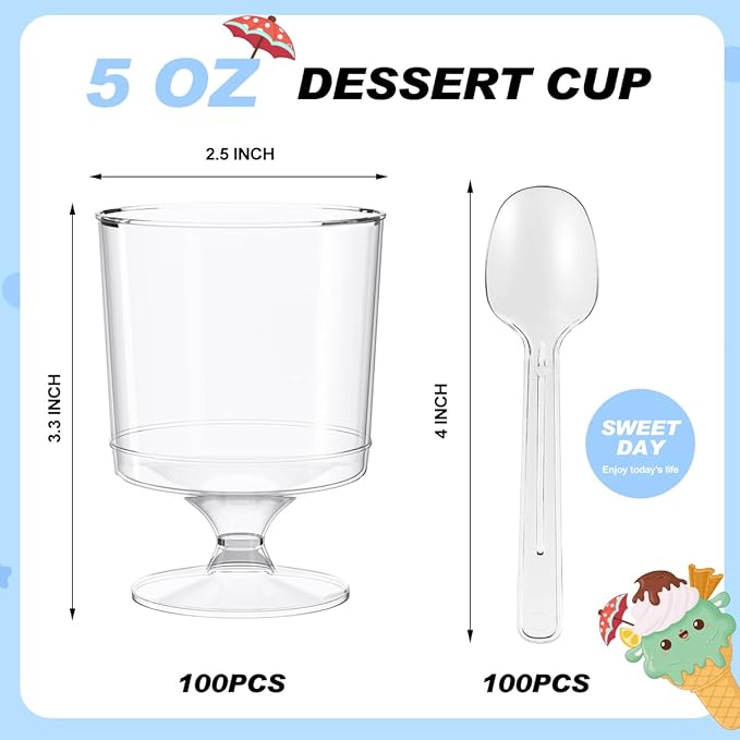 200 Pack Dessert Cups with Spoons, 5Oz Clear Plastic Parfait Cup, Disposable - Image 2