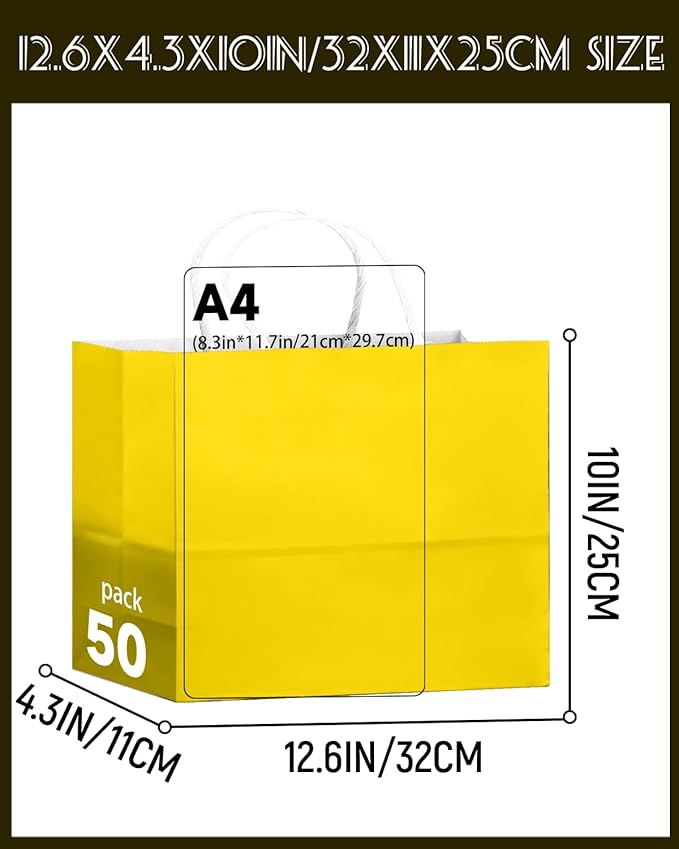 qiqee 50-Packs Bright Yellow Paper Gift Bags - Image 3