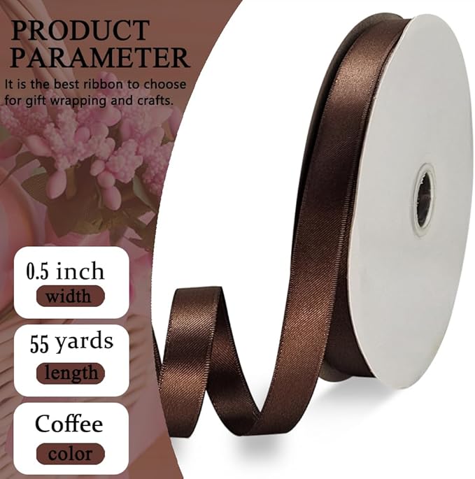 Coffee Satin Ribbon Double Faced Satin 1/2 inch x 55 Yards Polyester Ribbon - Image 2
