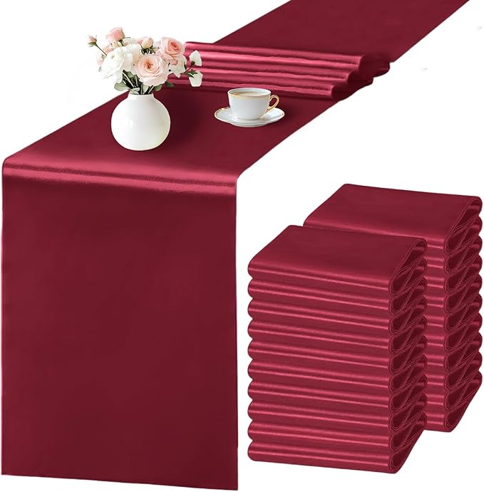 SHEJIZE 20 Pack Wine Red SatinTable Runner 12x108 Inches Long, Bright Silky by SHEJIZE
