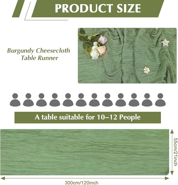 10 Pack Olive Green Cheesecloth Table Runner -21*120Inch Long Boho Wedding - Image 2