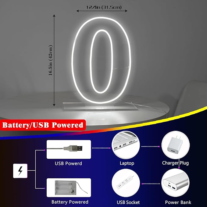 Number 0 Neon Sign Light, 16.54" Cool White USB Battery Powered Led Neon Sign - Image 4