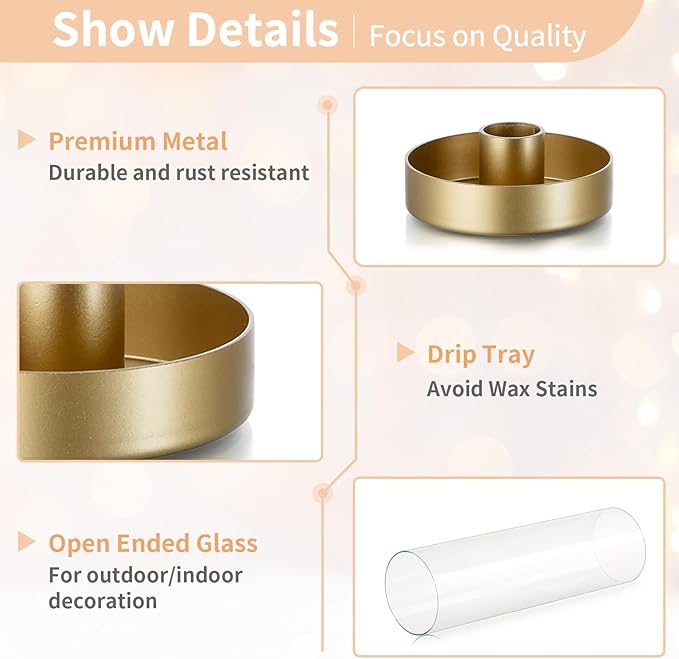 NUPTIO Gold Taper Candle Holders: 2 Pcs Hurricane Metal Candlestick Holder Stand - Image 7