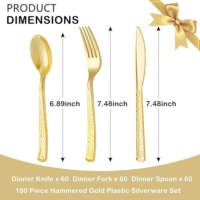 Supernal 180 pieces Gold Plastic Silverware, Disposable Plastic Utensils Heavy - Image 3