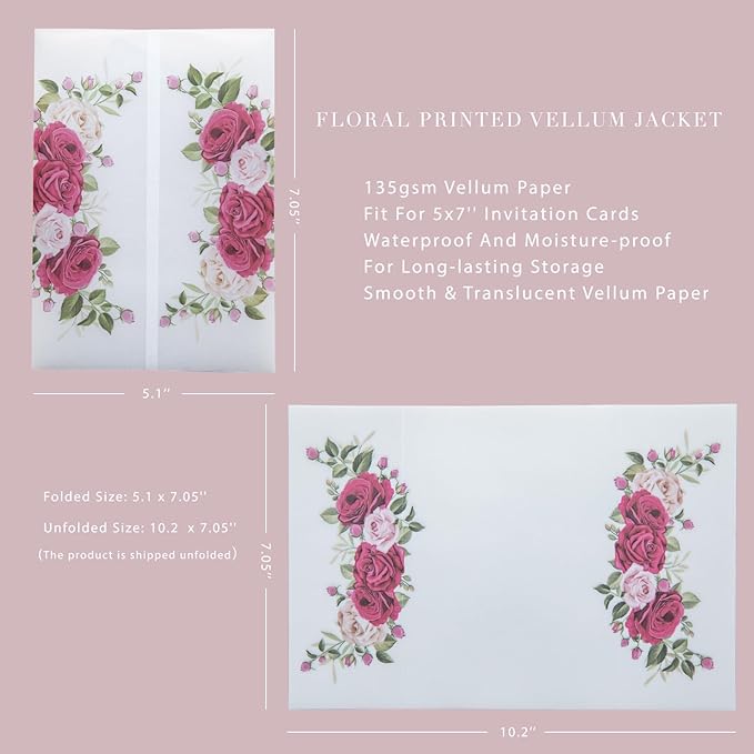 PONATIA 50PCS Vellum Jackets for 5x7 Invitation Cards- 135GSM Fuchsia Flowers - Image 4