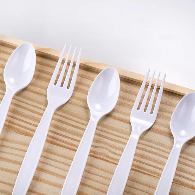 200 Count White Plastic Silverware, Heavy Weight Plastic Forks Spoons - Image 3