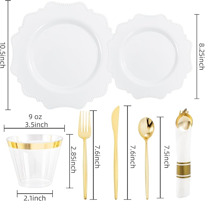 COLOSUS 350pcs White Plastic Plates Disposable Gold Cutlery Dinnerware set - Image 3