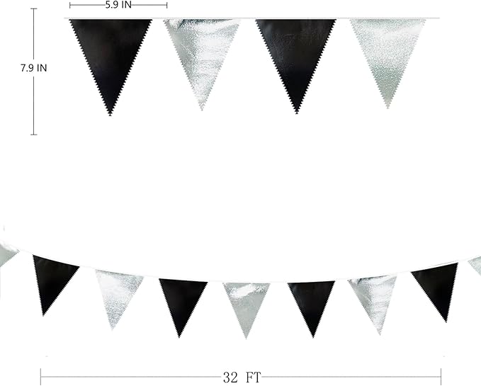 Black and Silver Party Decorations Triangle Pennant Banner Flag Metallic Fabric - Image 2