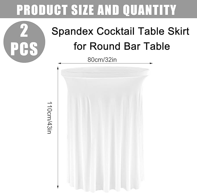 Fivenl 2 Pack Spandex Cocktail Table Skirt 32"x 43" White Stretch Cocktail - Image 3
