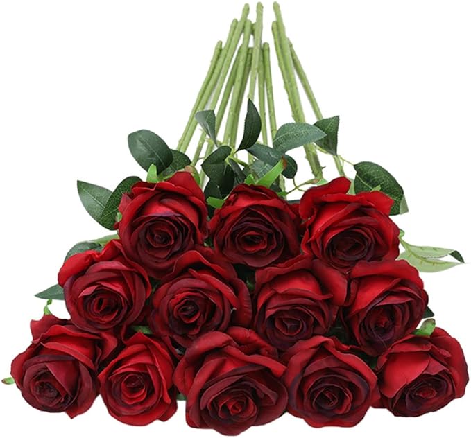 Tifuly 12pcs Red Roses Artificial Flowers, Realistic Long Stem Fake Silk Roses by Tifuly