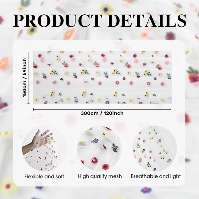 Artoid Mode 3PCS Embroidery Daisy Gauze Table Runner 120 Inch 10FT, Seasonal - Image 7