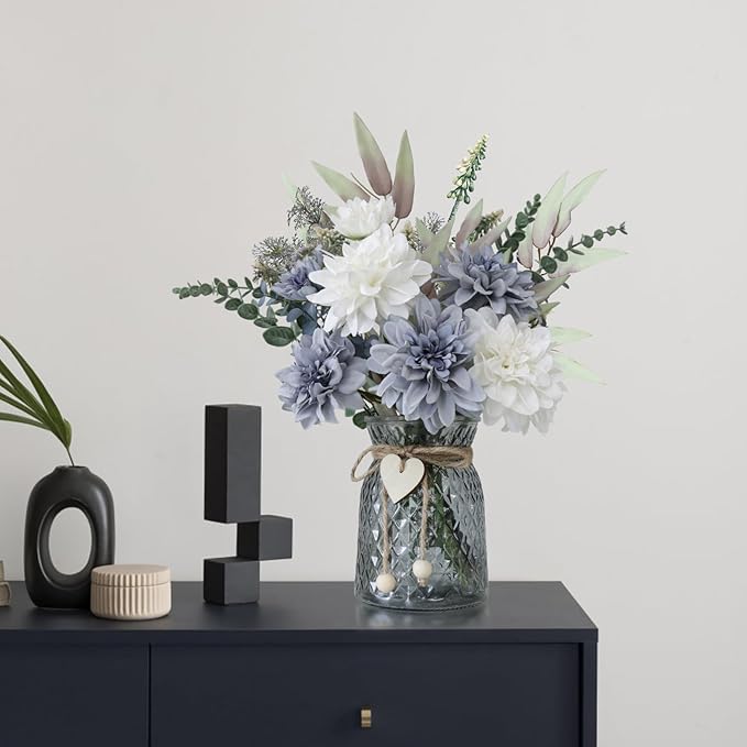 Fake Flowers in Vase, 8 Dahlias, Silk Artificial Flowers in Vase, Centerpiece - Image 8