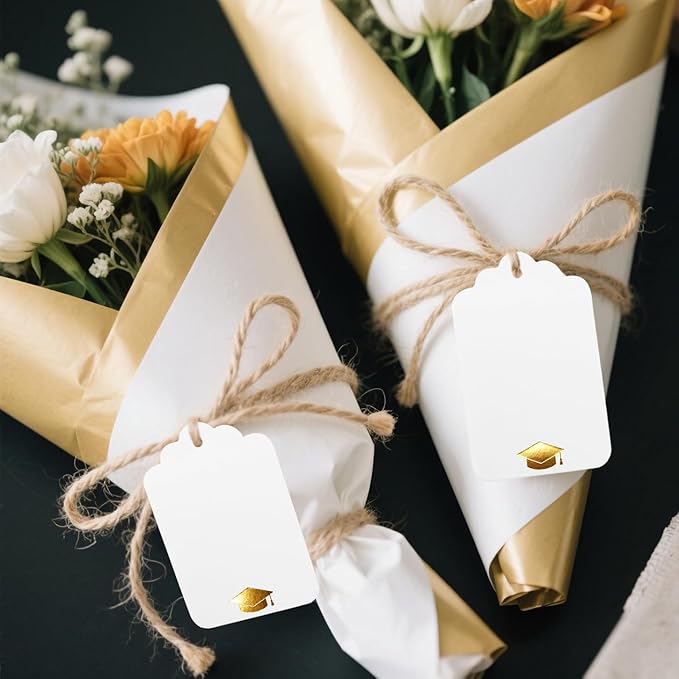 100Pcs Blank Gift Tags with String Foil Gold Grad Cap Large White Paper Gift - Image 8
