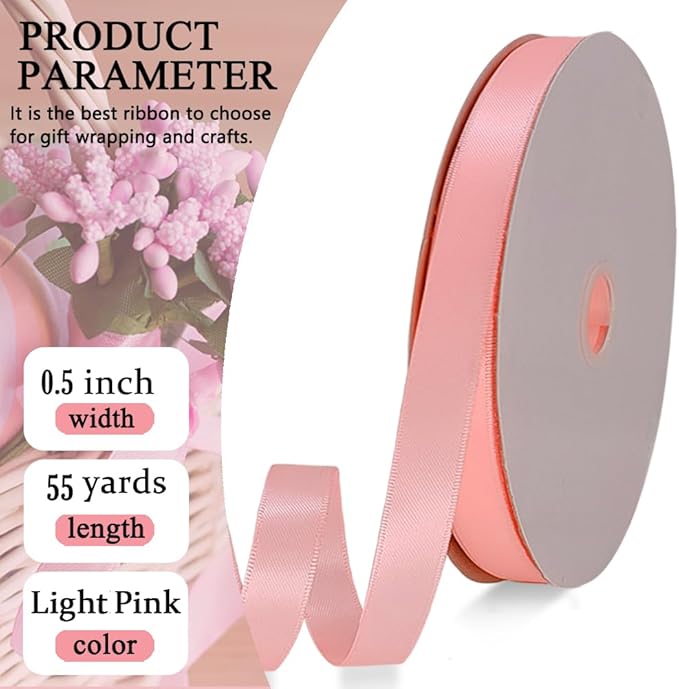 Light Pink Satin Ribbon Double Faced Satin 1/2 inch x 55 Yards Polyester Ribbon - Image 2