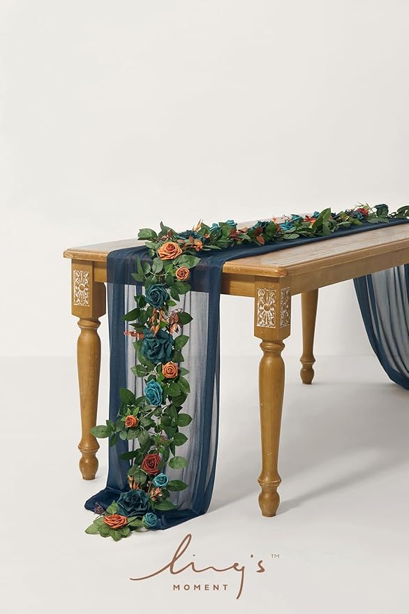 Ling's Moment 5FT Teal Blue Artificial Flower Garland Burnt Orange Rose - Image 2