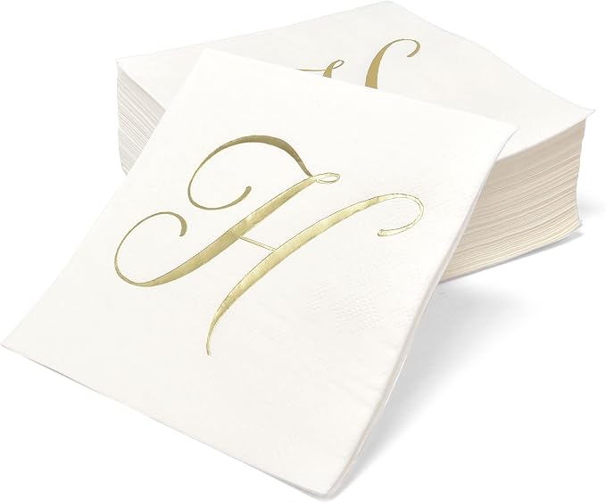 Gift Boutique 100 Gold Monogram Cocktail Napkins Letter H Disposable Paper Pack - Image 2