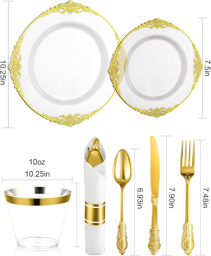 Goodluck 350 Piece Clear Gold Plastic Dinnerware Set - Image 3