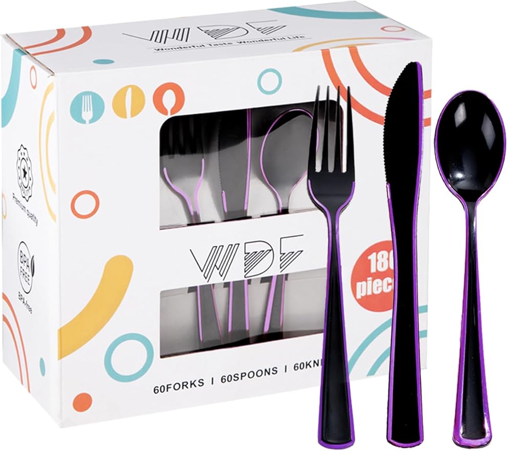 WDF 180 Pieces Black and Purple Halloween Plastic Silverware by WDF
