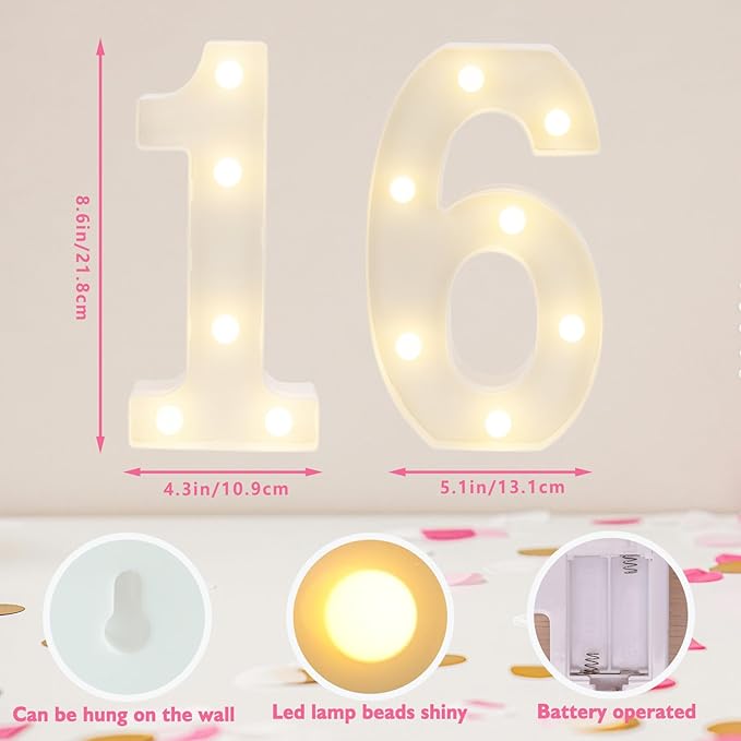 Decorative Led Light Up Numbers, 16th Birthday Decorations, Warm White Led - Image 2