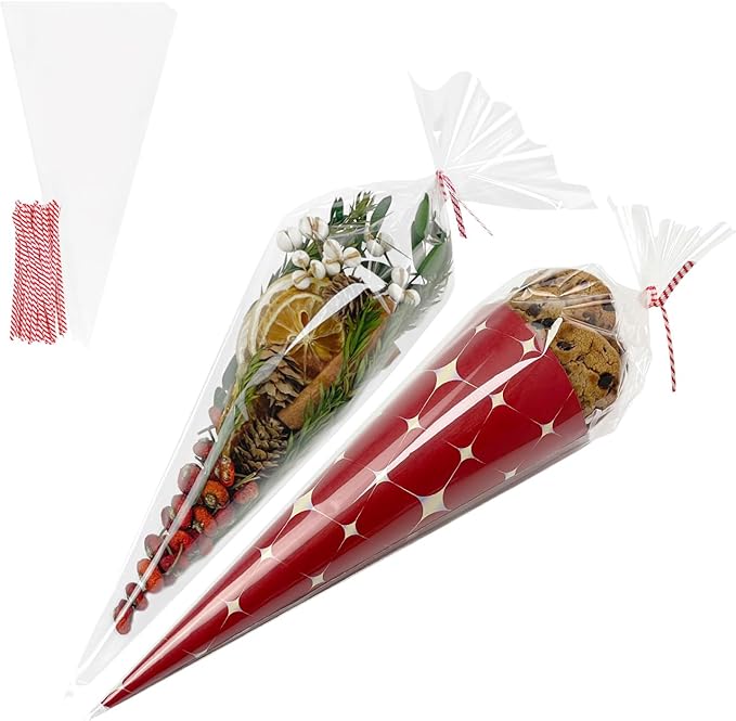 EKAPACKAGING 100Pcs 7x15 Inches Clear Cone Shaped Treat Cellophane Bags Twist by EKAPACKAGING