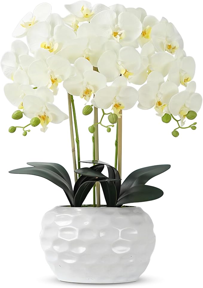 Orchid Artificial Flowers with White Vase Large Silk Faux Phalaenopsis Flowers by ABetterDayStartsHere