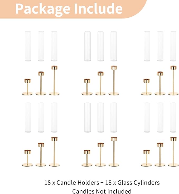 NUPTIO Candle Stick Holder for Wedding: 18 Pcs Tall Hurricane Gold Candles - Image 8
