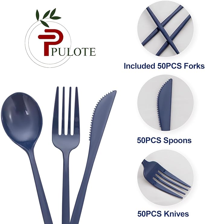 PULOTE 150PCS Blue Plastic Silverware Set - Image 7