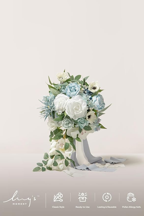 Ling's moment Dusty Blue Bridal Bouquet Cascading, Wedding Bouquets - Image 5