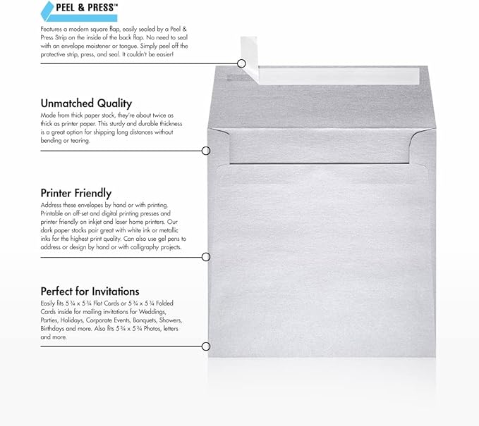 LUXPaper Square Invitation Envelopes | Peel & Press | 6" x 6" | Silver Metallic - Image 9