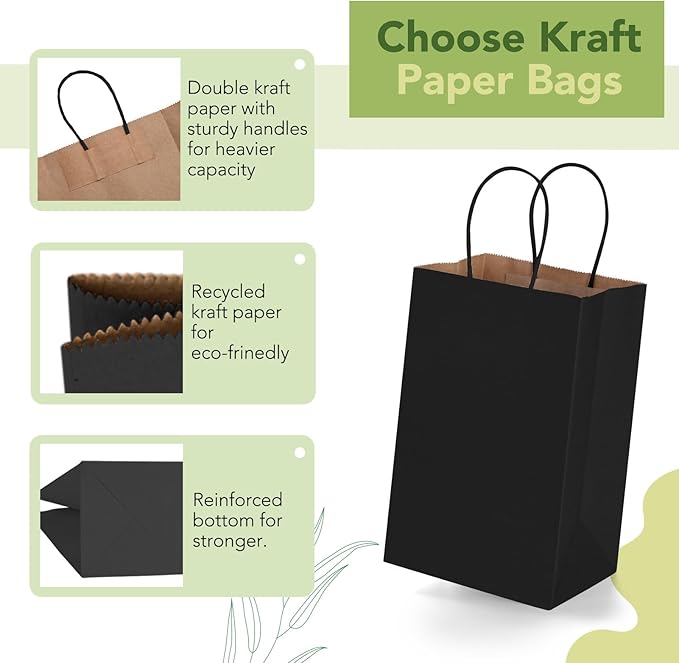 MESHA Kraft Gift Bags 200 Pack 5.25x3.75x8 Inch Small Black Paper Bags - Image 3