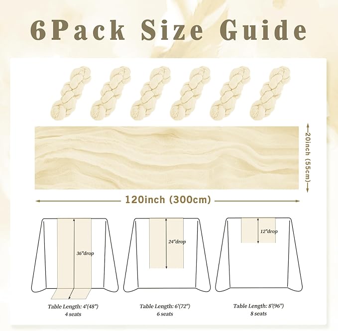 10FT 6 Pack Beige Cheesecloth Table Runner 20 x 120 Inch Long Rustic Gauze - Image 2