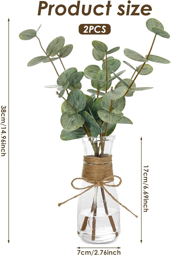 2 Pack Artificial Eucalyptus Stems in Glass Vase Decorative Greenery Artificial - Image 5