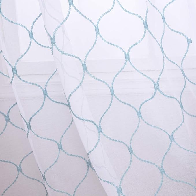 Embroidery Sheer Curtains Blue 95 Inches Long, Window Treatments Rod Pocket - Image 4