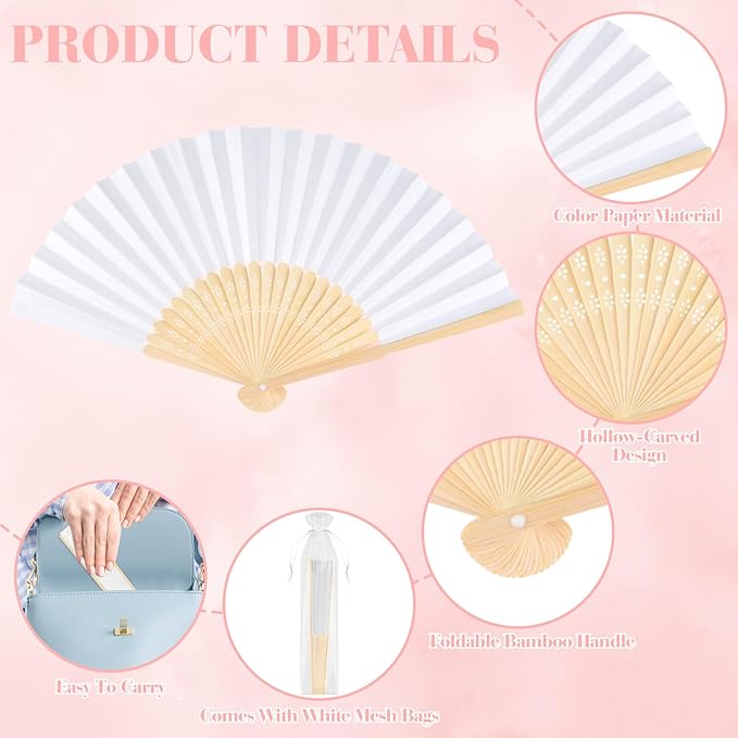 6 Pieces White Hand Held Bamboo Folding Fans Foldable Paper Fans Handheld - Image 3