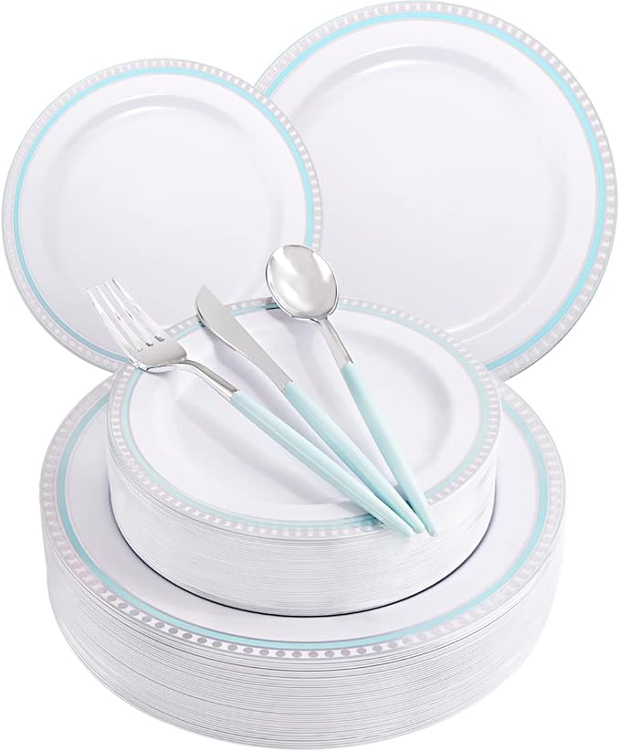 COLOSUS 125pcs Disposable Silver Blue Plastic Plates and Silverware .Light baby by COLOSUS
