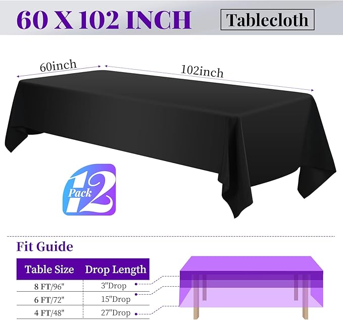 12 Pack 60 x 102 Inch Rectangle Tablecloth, Washable Fabric Table Cloth - Image 2