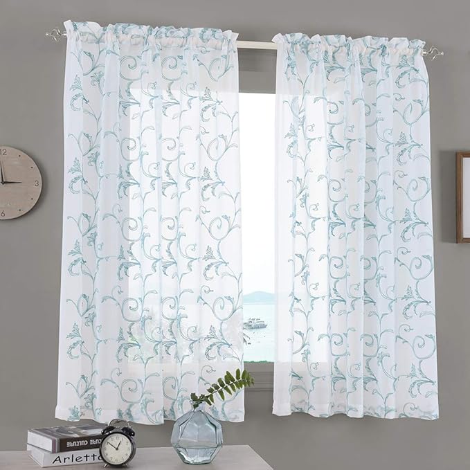 Embroidered Floral Sheer Curtains Blue 63 Inch, Rod Pocket Voile Drapes by MYSTIC-HOME