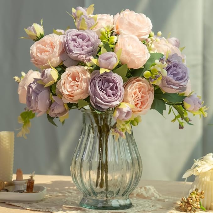 Artificial Peonies Silk Flowers in Glass Vase Faux Flowers Bouquets Modern - Image 2