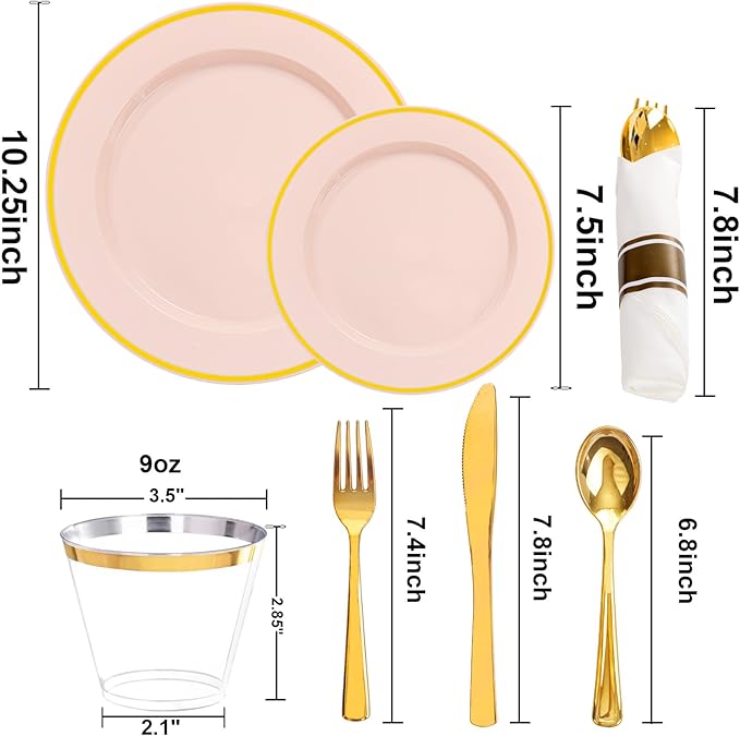 SUT 175 Pcs Pink and Gold Plastic Dinnerware Set - Image 2